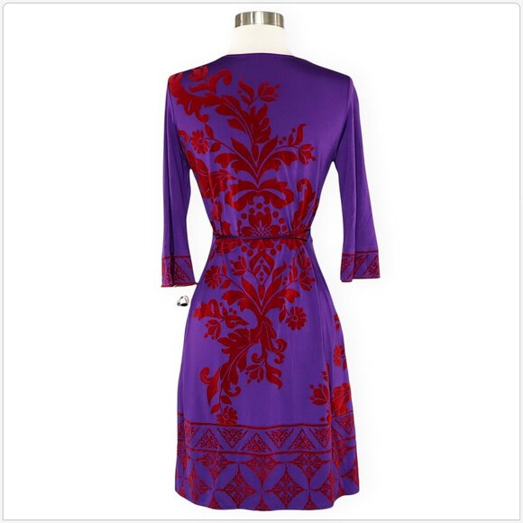 Hale Bob Purple Red Floral Scroll Stretch Jersey Dress 3/4 Sleeves New NWOT XS - Picture 3 of 4